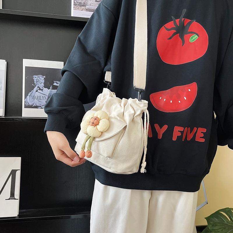 Casual Versatile Shoulder Bag Women's Bag Small Fresh Drawstring Bundle Bucket Bag Cute Flower Canvas Messenger Bag