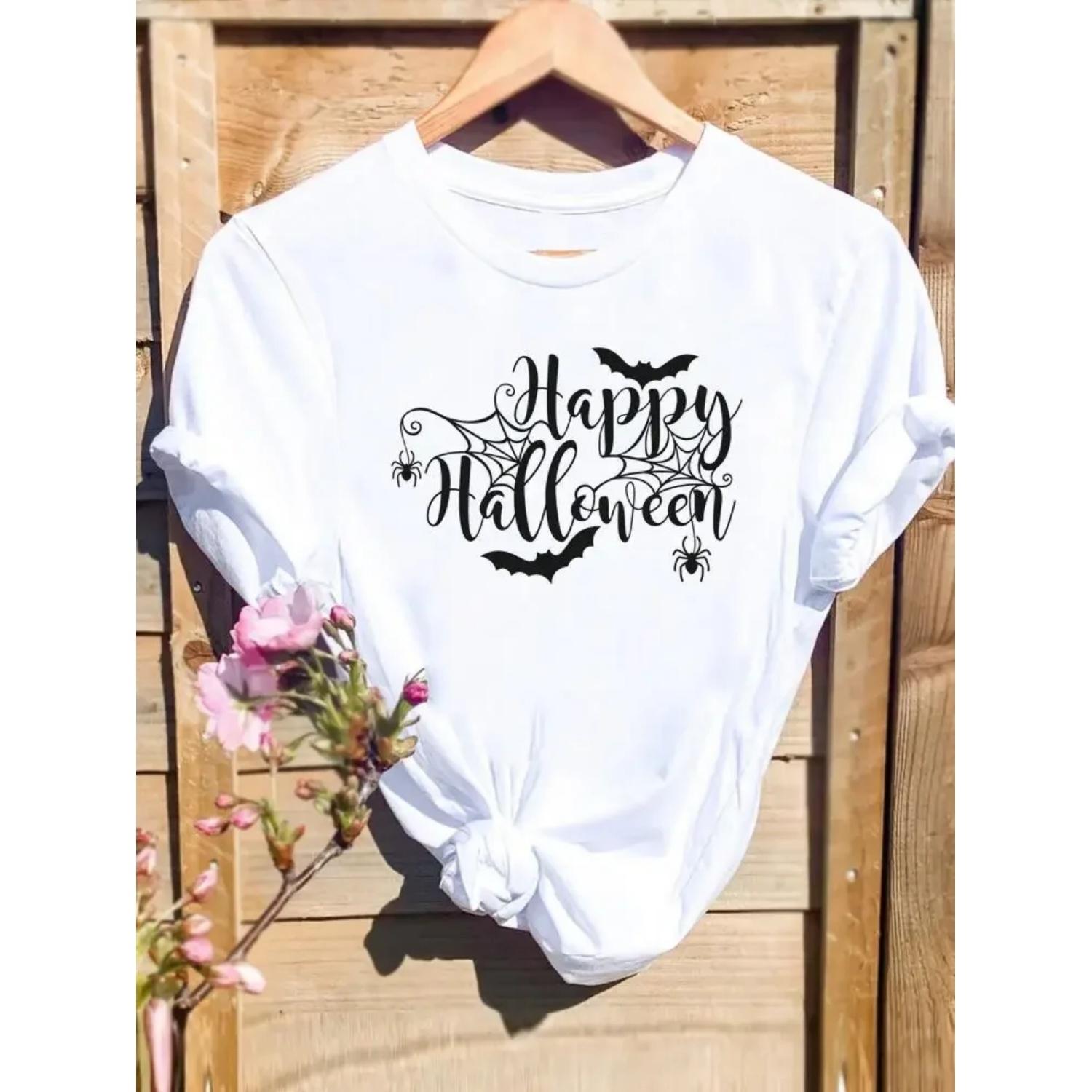 Fall Autumn Letter T-shirts Clothing Short Sleeve Happy Halloween Trend Thanksgiving Festival Women Female Top Graphic Tee S