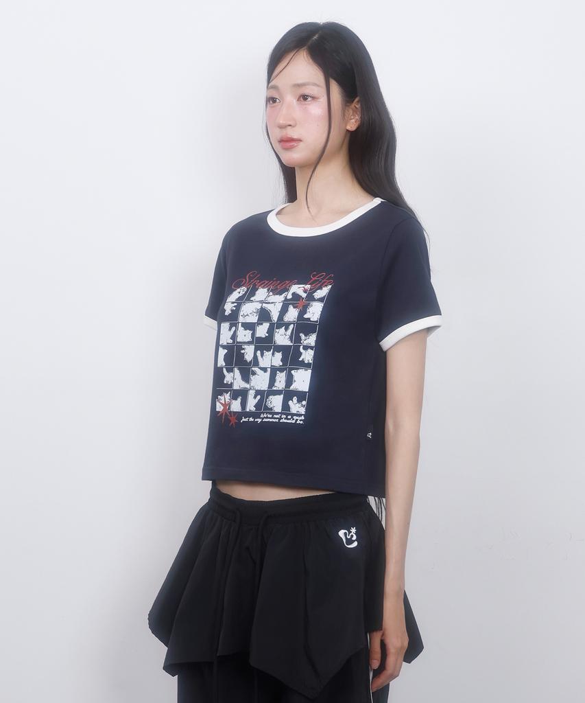 LMR Cat Foster Ringer Crop Short Sleeve T-Shirt Navy