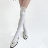 Ribbed Knit Striped Over Knee Long Socks for Women Japanese Student Sweet Bowknot Lace Splicing Thigh High Stockings