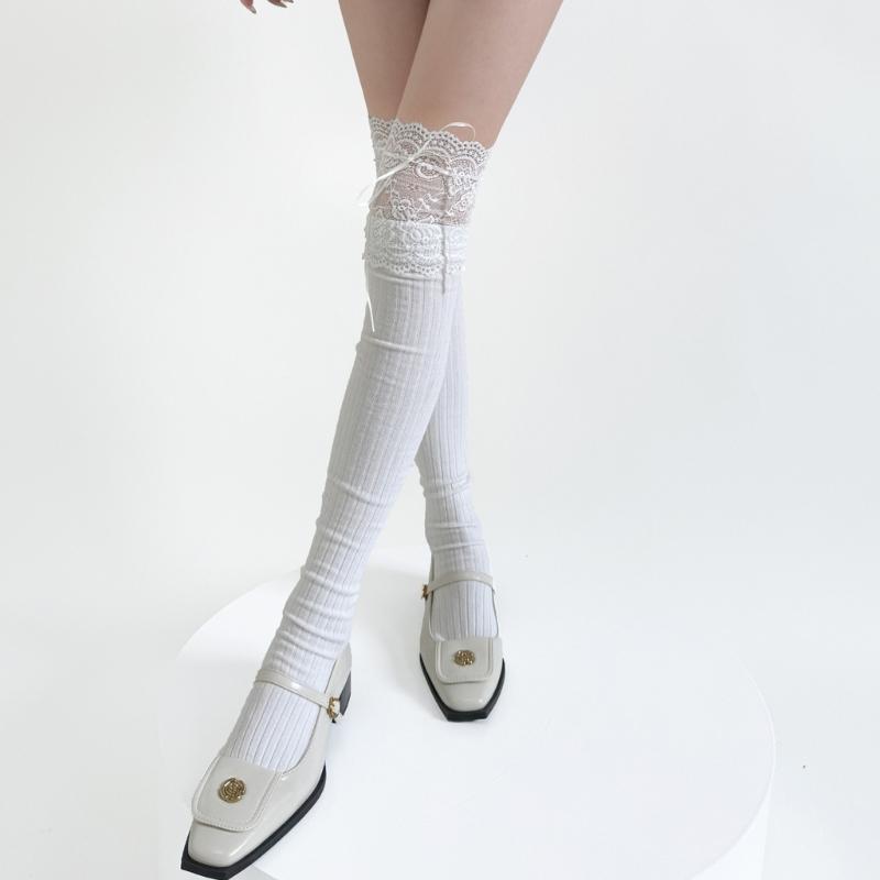 Ribbed Knit Striped Over Knee Long Socks for Women Japanese Student Sweet Bowknot Lace Splicing Thigh High Stockings