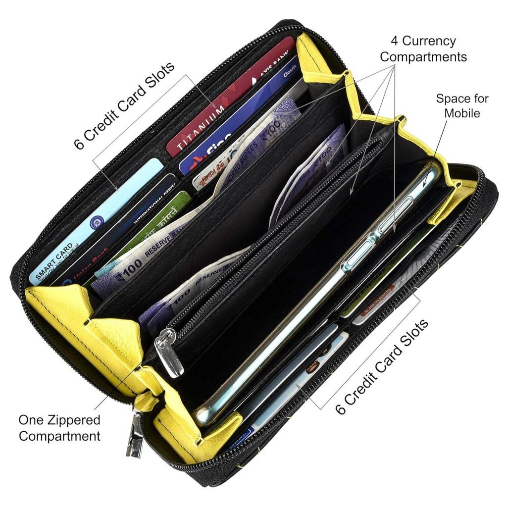 Grace Quilted Black/Yellow Leather Wallet/Clutch/Purse for Women