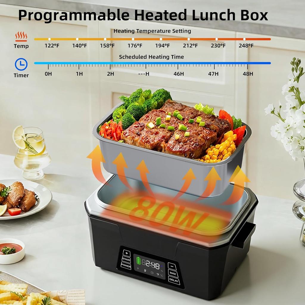 Portable Cordless Heated Lunch Box 1.2L, Battery-Powered with APP Control for Adults, Office & Travel