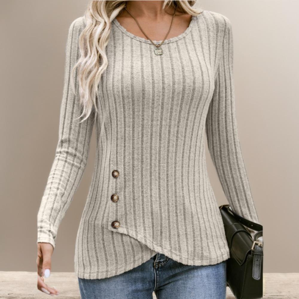 Women's Long-sleeved V-neck Top for Women's Buttons Asymmetric Knitted Base Shirt T-shirt for Women