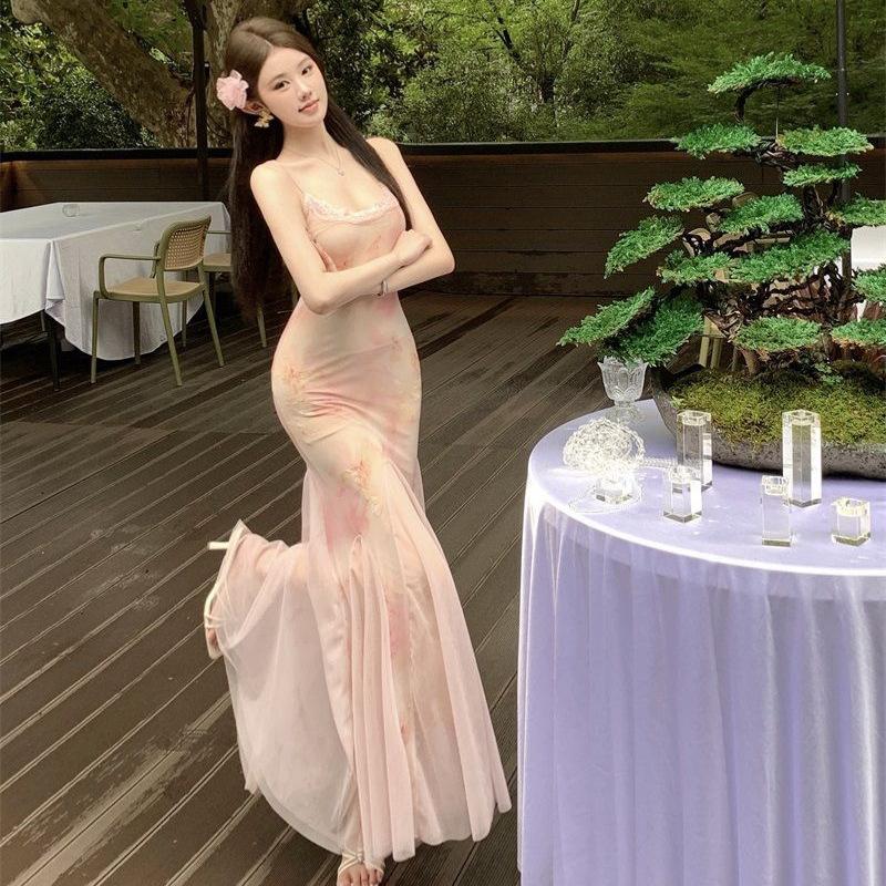 Summer American niche chic beautiful holiday floral slim suspender dress temperament thin mesh dress women