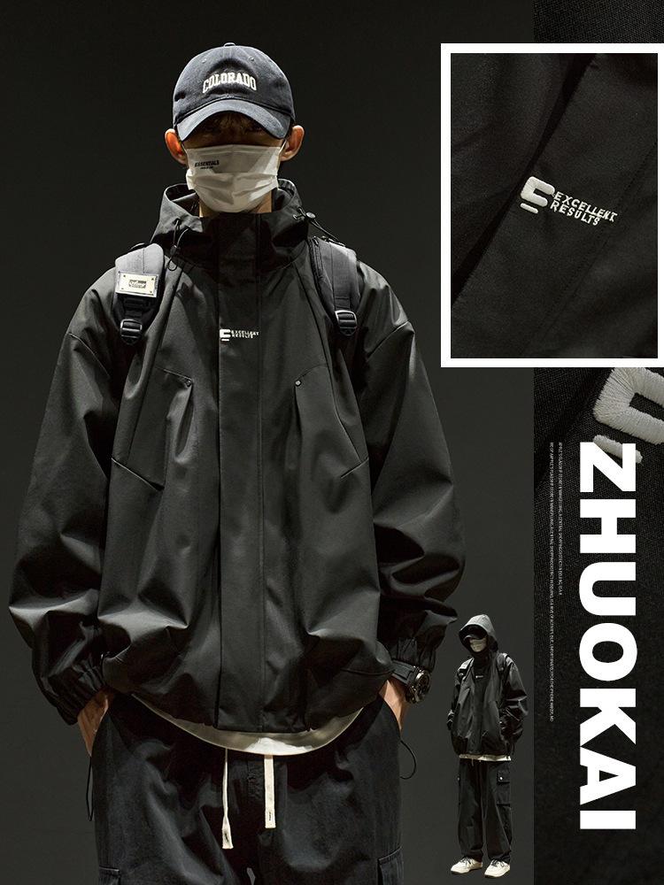 

Street retro simple solid color functional hooded jacket men s trendy brand loose couple jacket oversize M