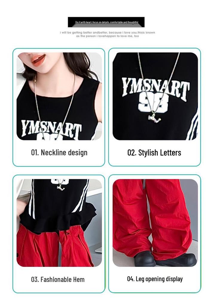 Zweiteiler im koreanischen Streetdance-Stil für Mädchen: Gestreifte ärmellose schnelltrocknende Weste & Hose mit weitem Bein.