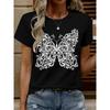 Women's Black White Floral Butterfly Print T-Shirt Round Neck Short Sleeve Soft Casual Spring Summer Versatile Elegant Animal Print Blouse Top