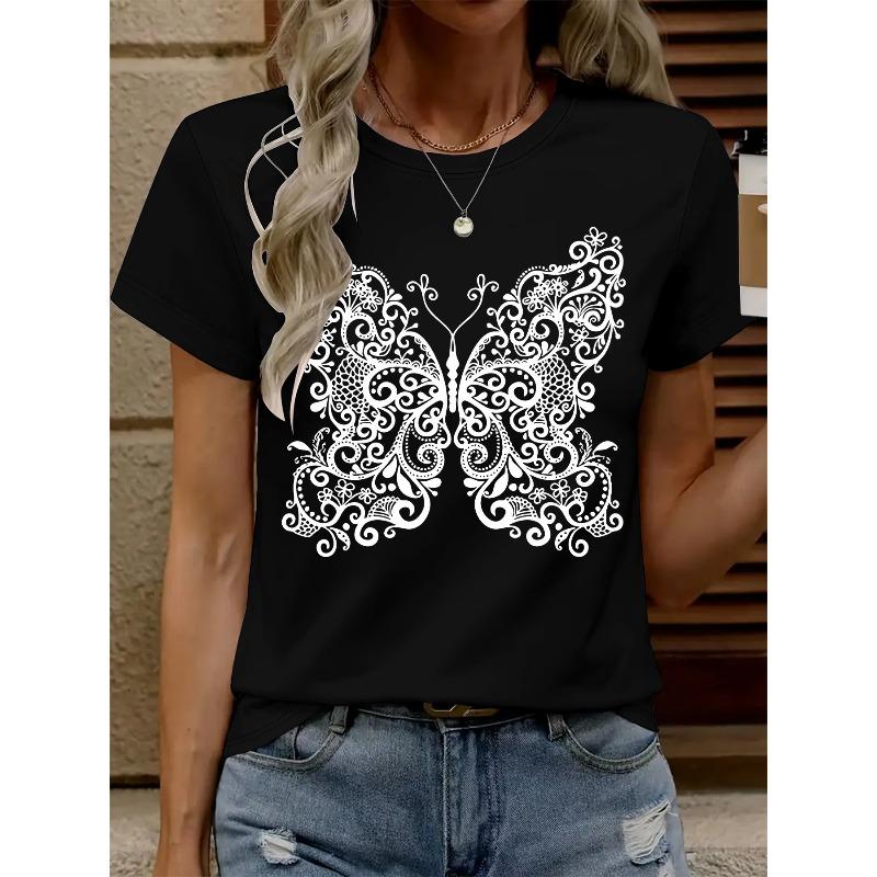 Women's Black White Floral Butterfly Print T-Shirt Round Neck Short Sleeve Soft Casual Spring Summer Versatile Elegant Animal Print Blouse Top