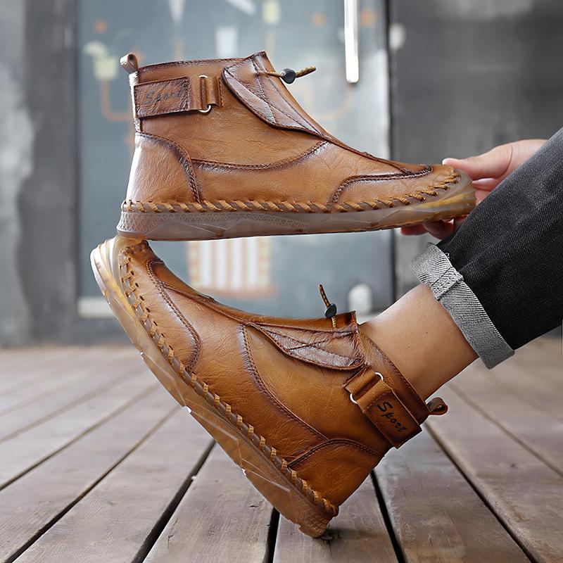 Men Handmade Casual Hiking Boots Outdoor Brown High Top Wide Palm Driving Shoes Large Size