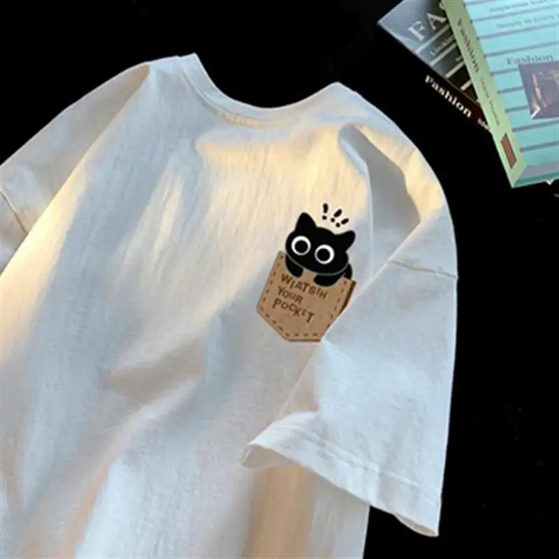 

High Street Summer New Cute Cat Graphic T-shirt Unisex Streetwear Crew Neck Casual Short Sleeves XL білий