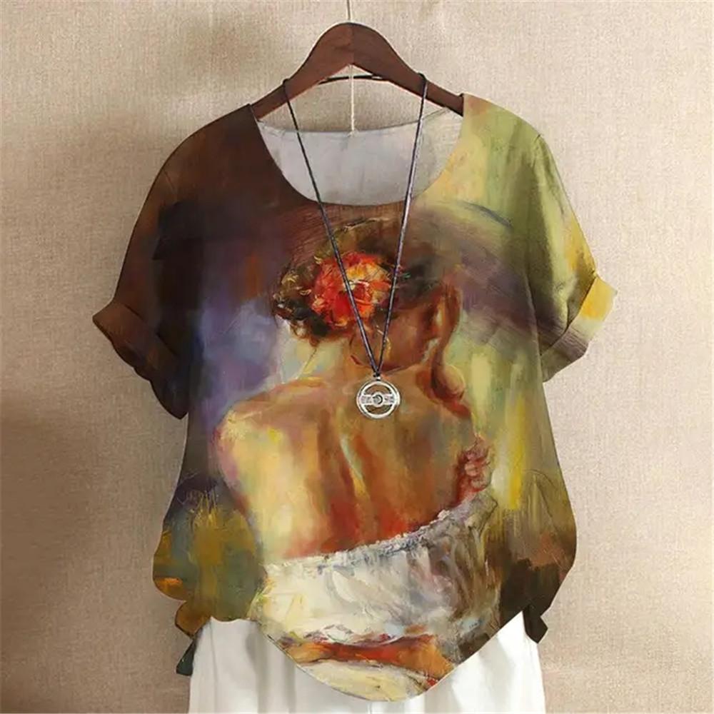 Oil Painting Y2k Girls Digital 3D Print Summer Fashion Women T-shirt Short Sleeve Everyday T-shirt Harajuku Vintage Pullover