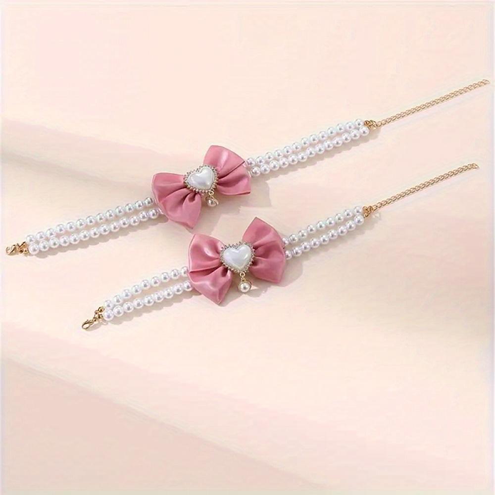 1PC Charming Double Pearl Bow Necklace for Small and Medium Sized Pets with Cute Heart-shaped Pendant