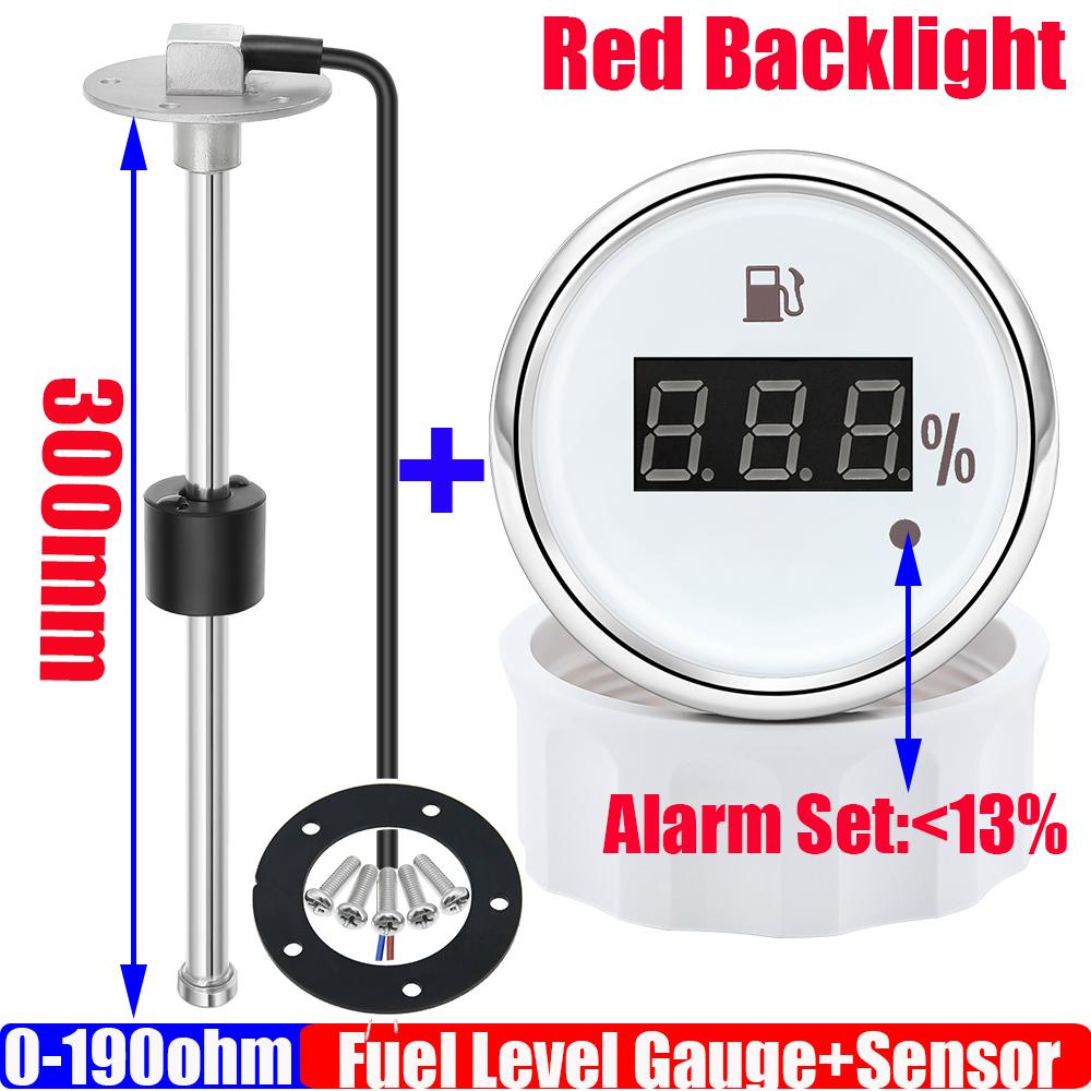 52mm Auto Digital Fuel Level Gauge 0-190 Ohm Range with Alarm Red Light Marine Oil Tank Indicator Meter 100-600mm Sensor Custom