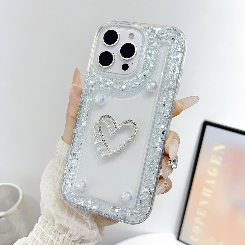 For iPhone 16 Pro Case with Pearl/Dual Heart Decor Glitter Rhinestone Epoxy Design TPU Phone Cover
