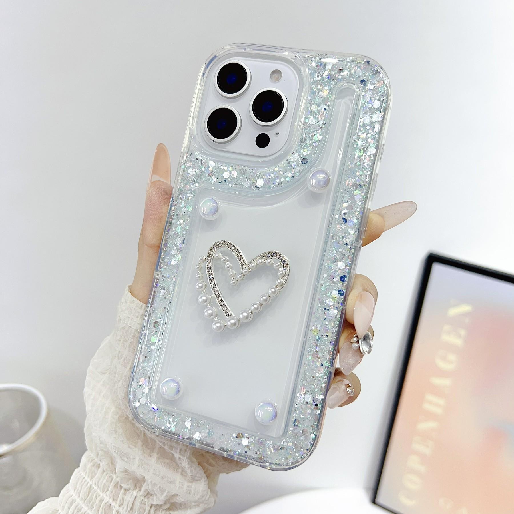 

For iPhone 16 Pro Case with Pearl/Dual Heart Decor Glitter Rhinestone Epoxy Design TPU Phone Cover D