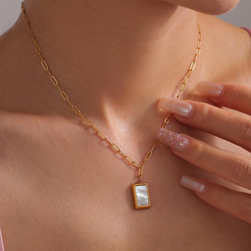 Simple White Sea Shell Square Pendant Necklace Titanium Steel Plated 18K Real Gold Niche Jewelry