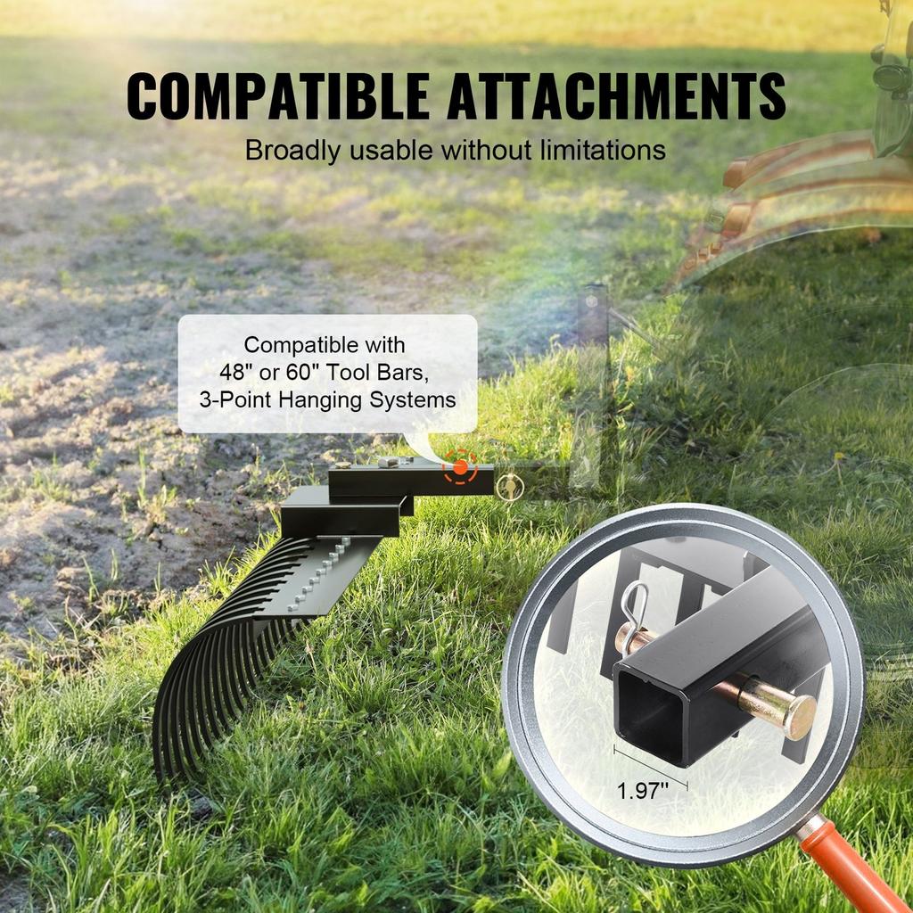 Tow Behind Landscape Rake 60" Lawn Dethatcher Rake with 21 Steel Tines