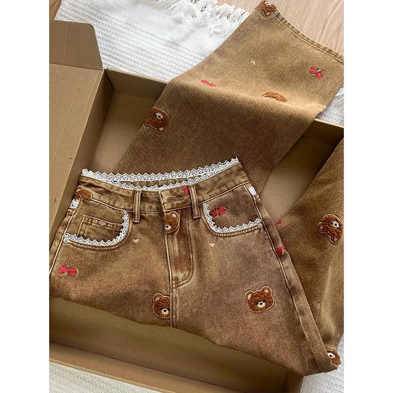Women Fall Embroidered Patchwork Design Wide Leg Jeans Spring High Waisted Casual Lace Jeans for Commuting