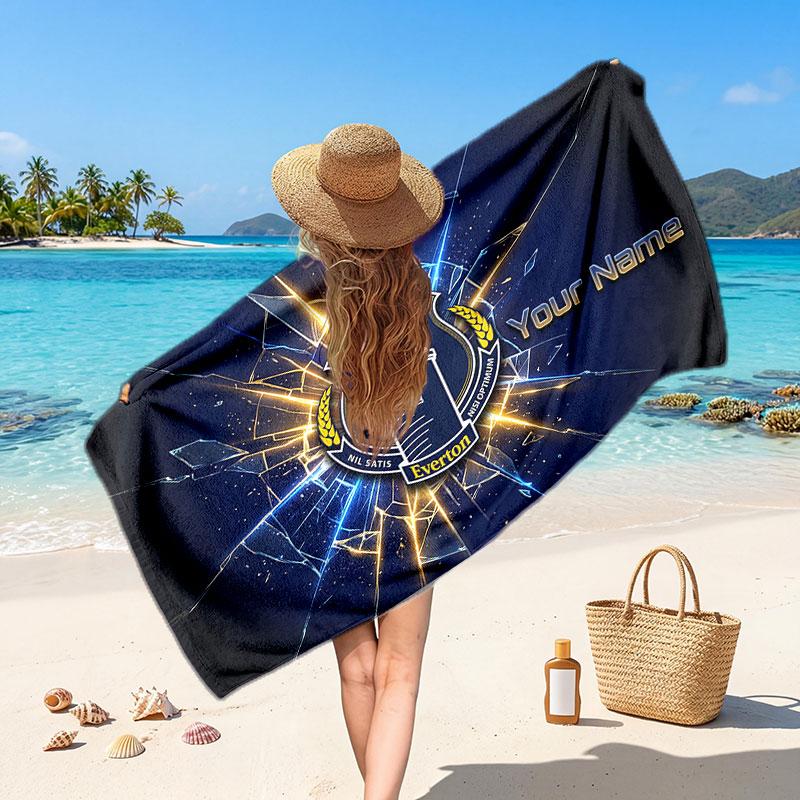 Everton FC Custom Beach Towel, Personalized Name Text Print, Football Logo Soft Quick‑Dry Towel Holiday Gift