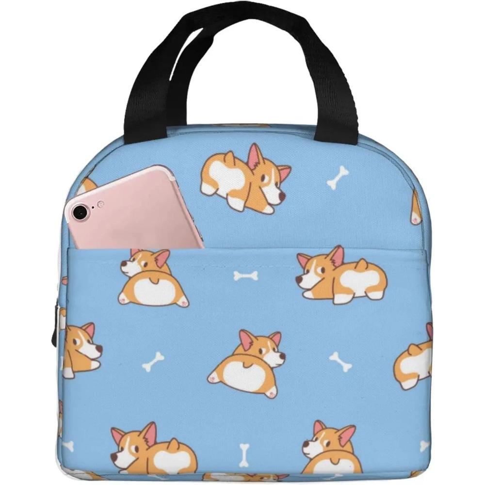 Black Boho Rainbow and Corgi Lunch Bag Cute Corgi Print Insulated Lunch Box Container with Frond Pocket for Work Picnic Travel
