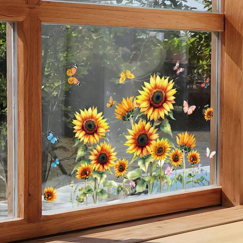 New plant flowers sunflowers butterflies electrostatic glass stickers window glass decoration glue-free and easy to tear