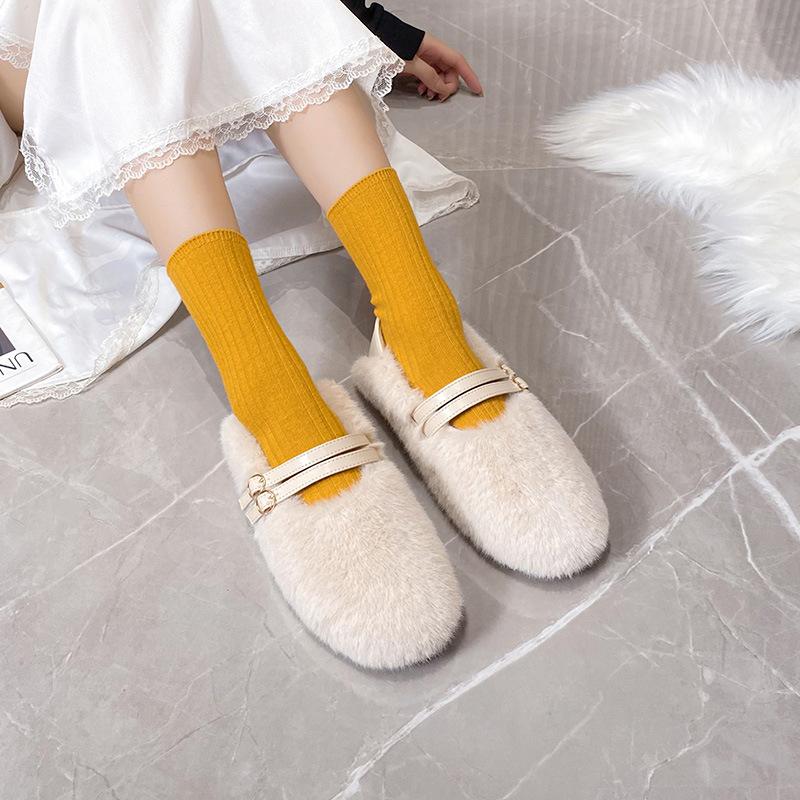 Fashion Elegant Belt Buckle Fur Mocasines Women Rabbit Hair Flats Winter Warm Plush Wool Shoes Ladies Slip On Loafers Furry Ballerinas