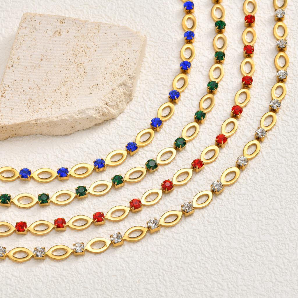 18K Gold Plated Stainless Steel Rhinestone Hollow Oval Handmade Chain Necklace, Luxury Sparkling Jewelry Women 2261