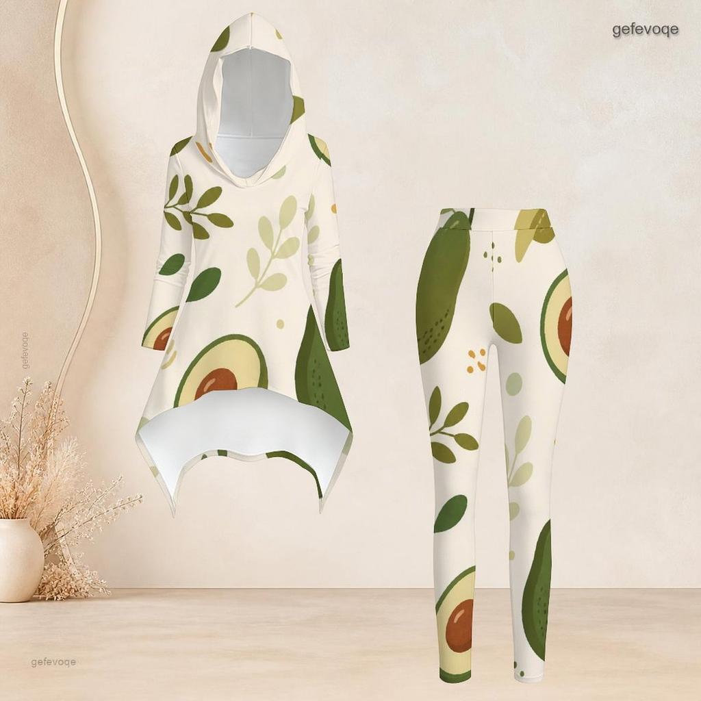Women Plus Size Hooded Long Sleeve High Low Top Printed Fitted Pants Two Piece Set