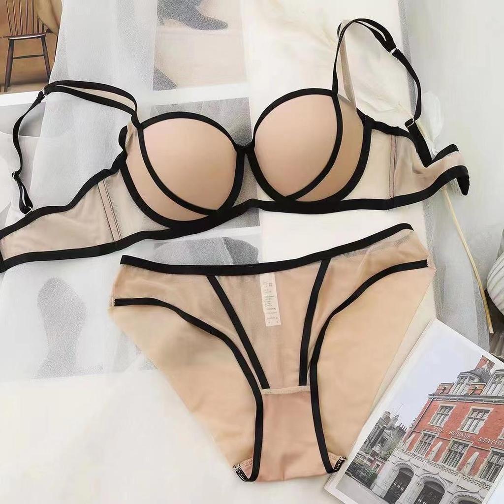 European & American Sexy Push-Up Bra Set with Glossy Contrast Straps