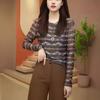 Women's 2025 Retro Print Mesh Long Sleeve T-Shirt – Stylish, Versatile Inner Layer Fashion Top