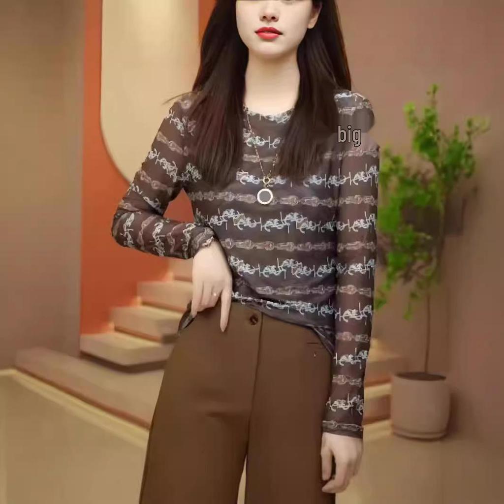 Women's 2025 Retro Print Mesh Long Sleeve T-Shirt – Stylish, Versatile Inner Layer Fashion Top