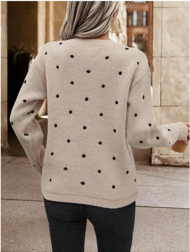 Women's European & American Fashion Polka Dot Jacquard Knit Sweater - Round Neck, Long Sleeve Pullover.