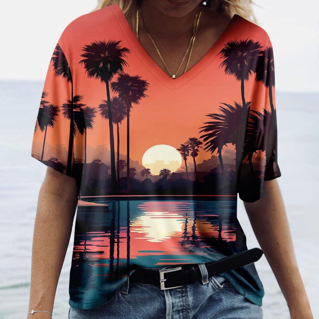 Damenmode, lässig, bedruckt, kurzärmelig, V-Ausschnitt, Top-Bluse