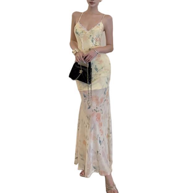 Island beautiful dopamine skirt yellow floral suspender halter dress sexy pure seaside vacation dress