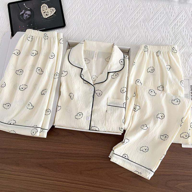 Summer Women's Three-Piece Pajama Set: Cardigan, Short Sleeve Top, Shorts, and Long Pants - Lightweight and Cute for Home or Outdoor Wear