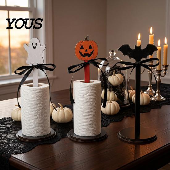 Cute Bat Witch Hat Decor Halloween Paper Towel Roll Holder, Ghost/Pumpkin/Witch's Hat/Bat Decor, Durable Festive Home Gift Wood Standing Reel