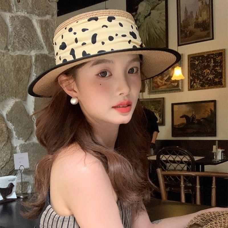 Polka Dot Flat Top Straw Hat Women's Summer Seaside Vacation Beach Hat Sunshade Sunscreen Elegant Top Hat Sun Hat