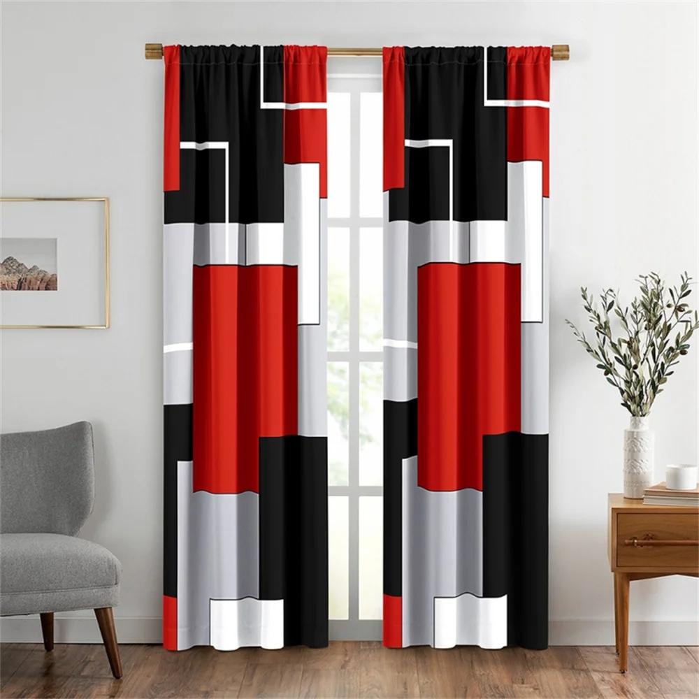 2PCS Abstract Geometric Stripes Rectangles Red Black Modern Light Filtering Curtains for Living Room Bedroom Window Drape Decor