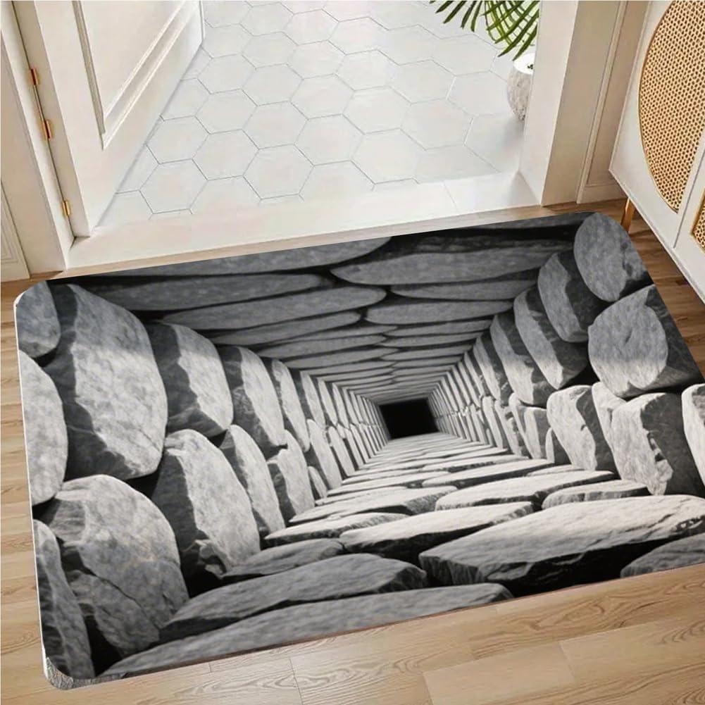 2D-Druck Fußmatte Steinbrunnen Höhle Design Willkommens-Eingangsmatte Weich Rutschfest Visuelle Illusion Lustiger Türvorleger Teppich