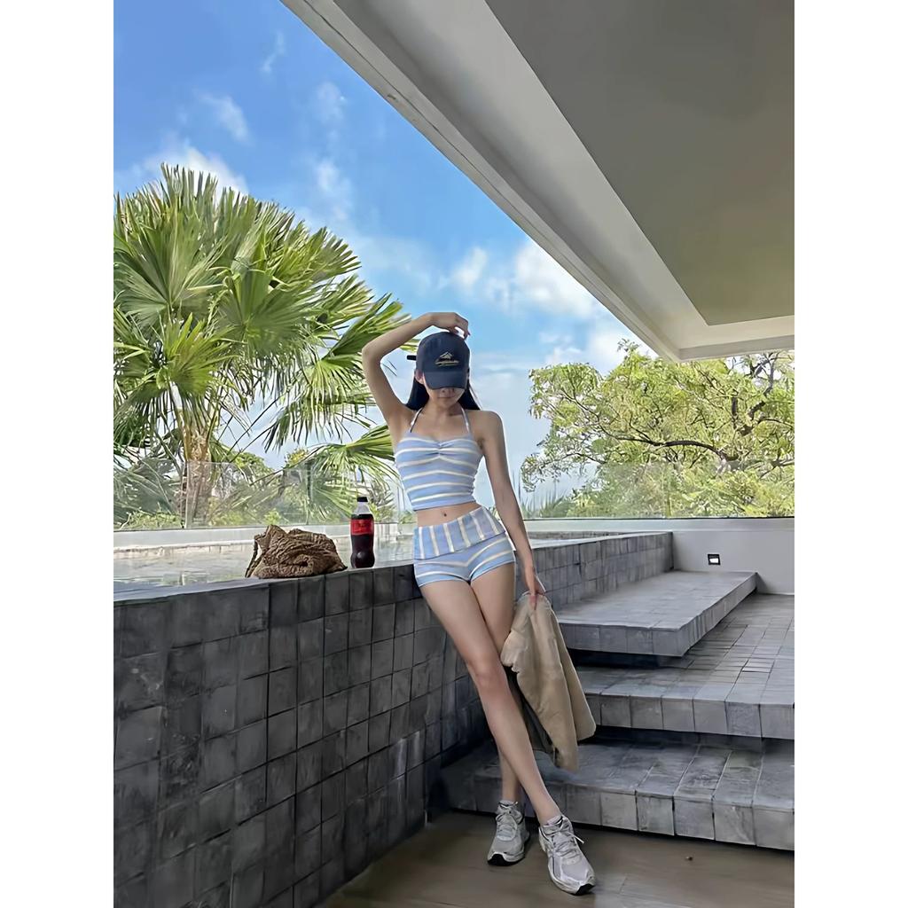Swimsuit 's split striped vacation style slim fit conservative neck bikini beach hot spring swimsuit