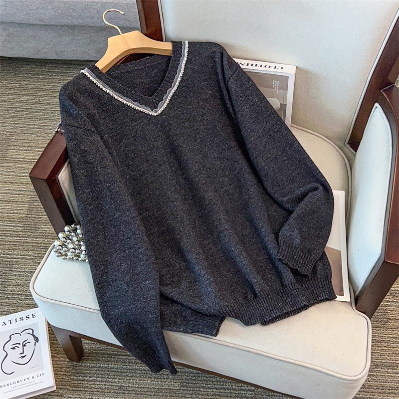Plus Size V-Neck Knit Sweater: Slimming, Loose Fit, Mid-Length, Long Sleeve (Sizes Up To 350 Jin)