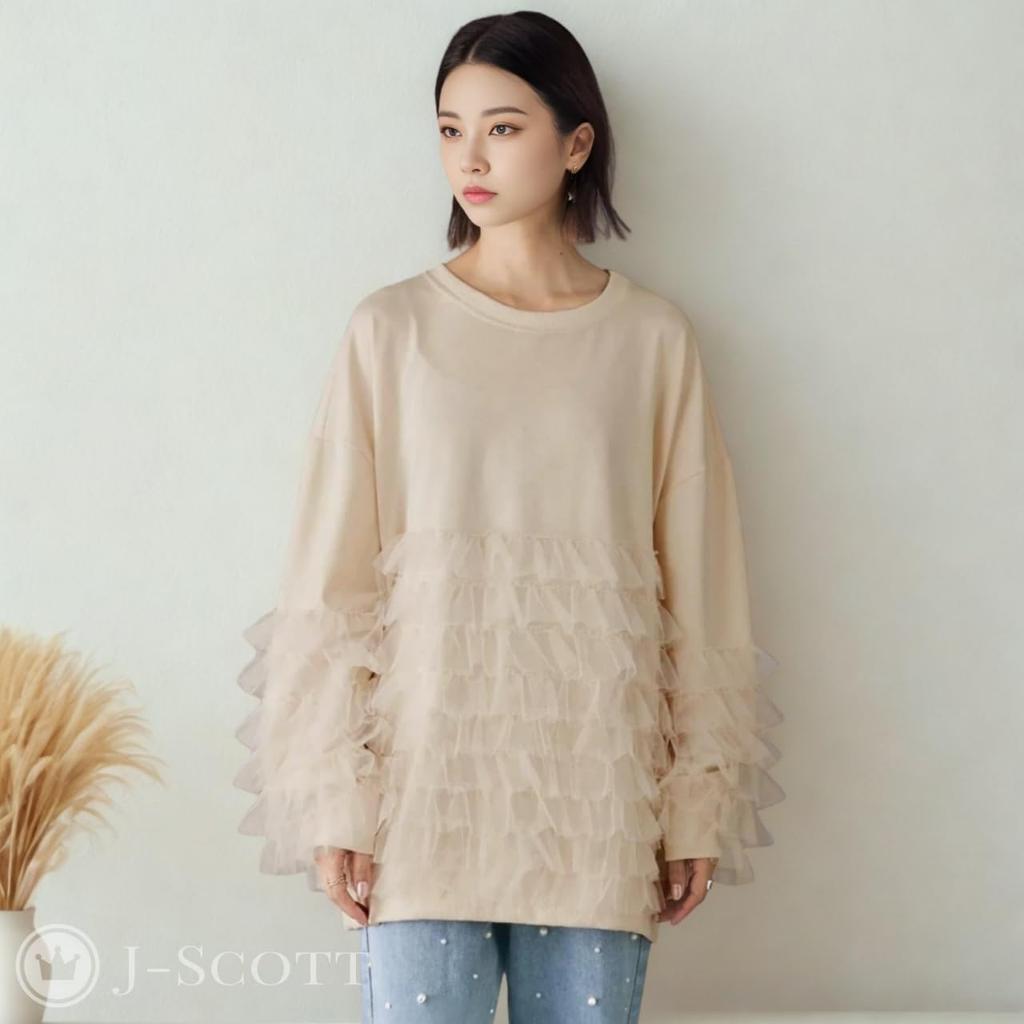 Tulle Frill Pullover Tunic Round Voluminous Ivory Limited Stock J-Scott Women's Sweatshirt, Length, Neck, Sleeves, (JS158-IV-S) -