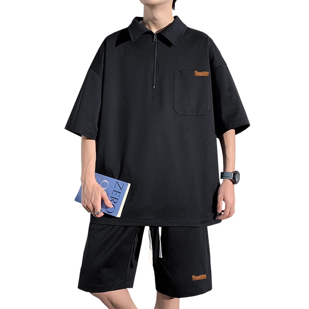 

Поло с коротким рукавом Летнее Прохладное к Мягкому к Плотное Плюс Популярный Верх и Низ Однотонная Толстовка Черный Размер M [FJLTDCP] Мужской Комплект,