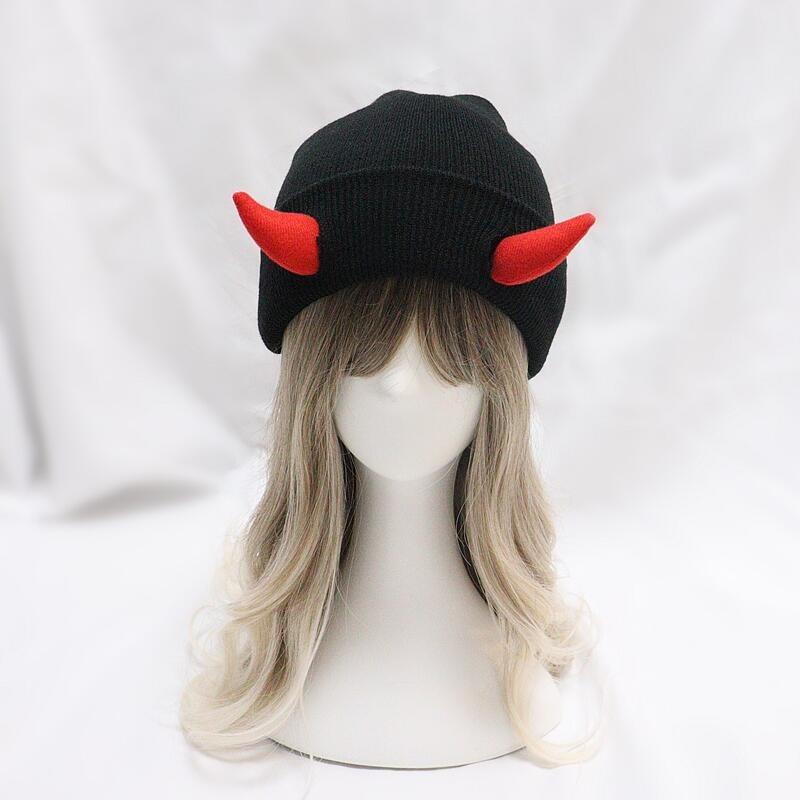 Warm Knitted DemonHorn Hat Soft Stretchy Beanie for AutumnWinter Christmas Party Funny Street Hip Hop Costume Accessory Headwear