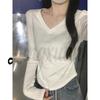 Autumn/Winter Korean Style Slim V-neck Pleated Solid Long-sleeve T-shirt