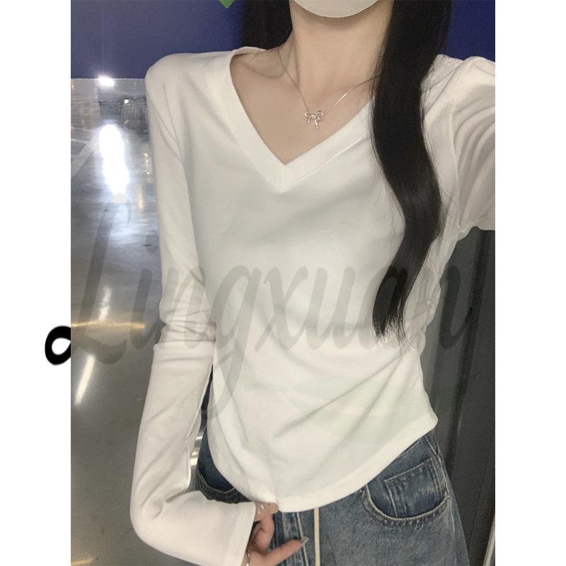 Autumn/Winter Korean Style Slim V-neck Pleated Solid Long-sleeve T-shirt