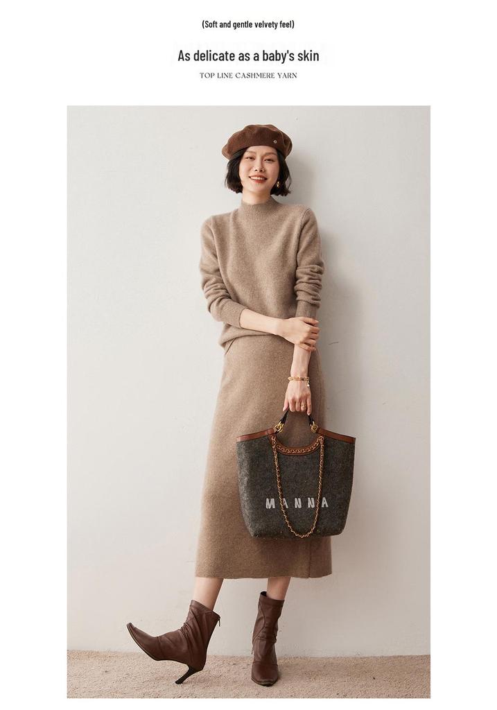 Women's High Neck Cashmere Sweater - Warm Wool Knit Base Layer for Autumn/Winter