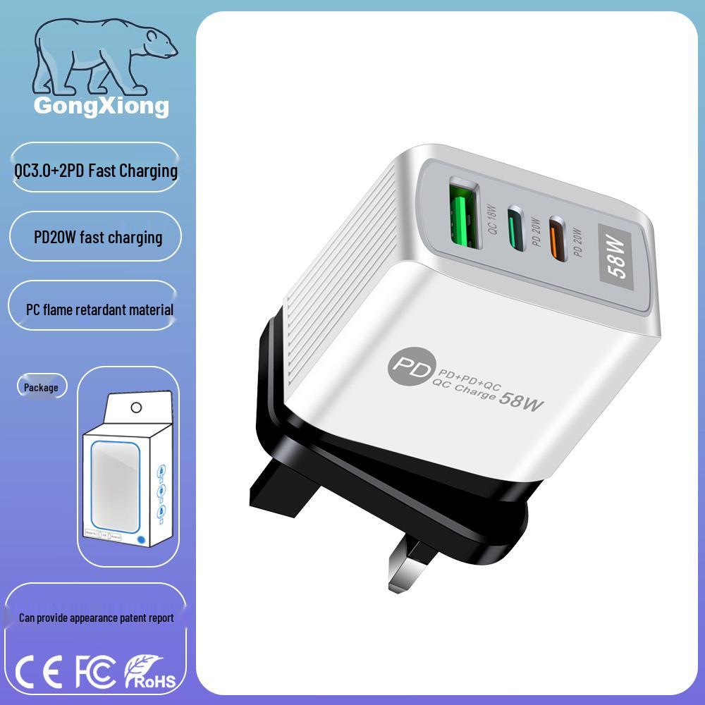 58W Dual Fast Charger with 2PD & QC3.0, Multi-Plug Adapter (EU/US/UK/AU)