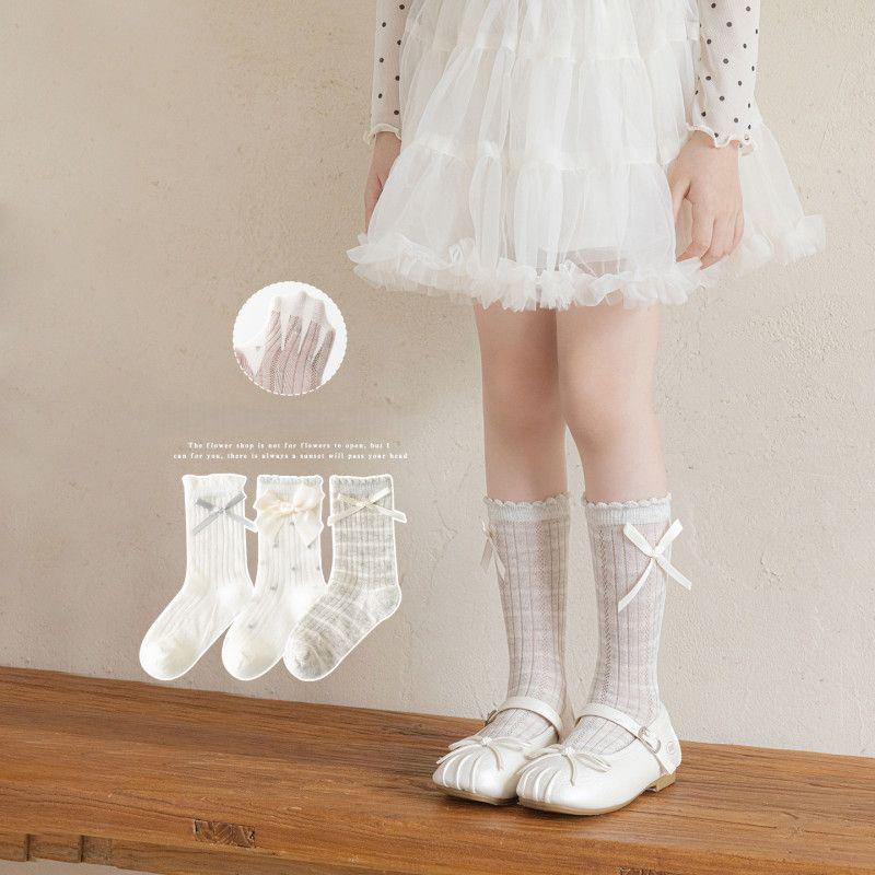 Girls' Breathable Mesh Bowknot Lace Mid-Calf Socks, Korean Style, Summer Thin Princess Socks
